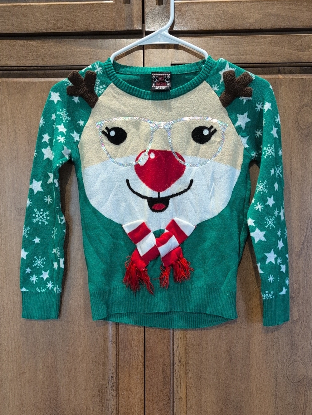 Well Worn Green Reindeer Novelty Sweater with Red Accents